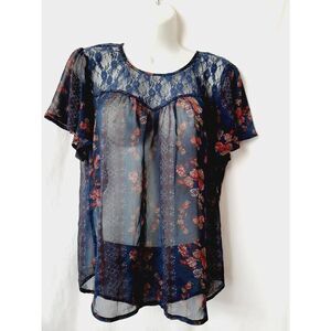 Eyeshadow blue sheer lace floral sz large Flutter sleeve blouse